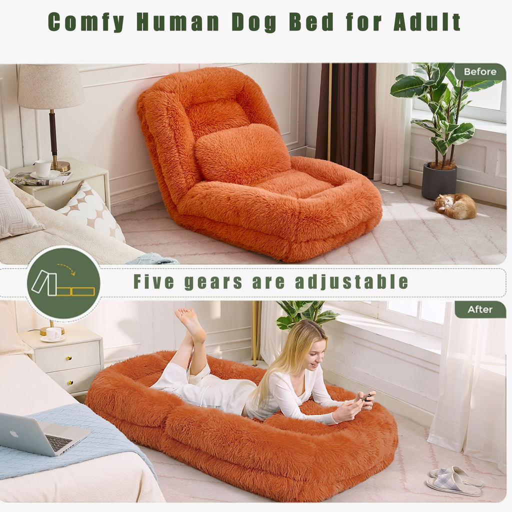 NYBOPAVIS 69" Foldable Lazy Sofa Bed with 5 Position Adjustable Convertible,Recliner Sofa for bedroom, living room,Plush Fabric,Orange