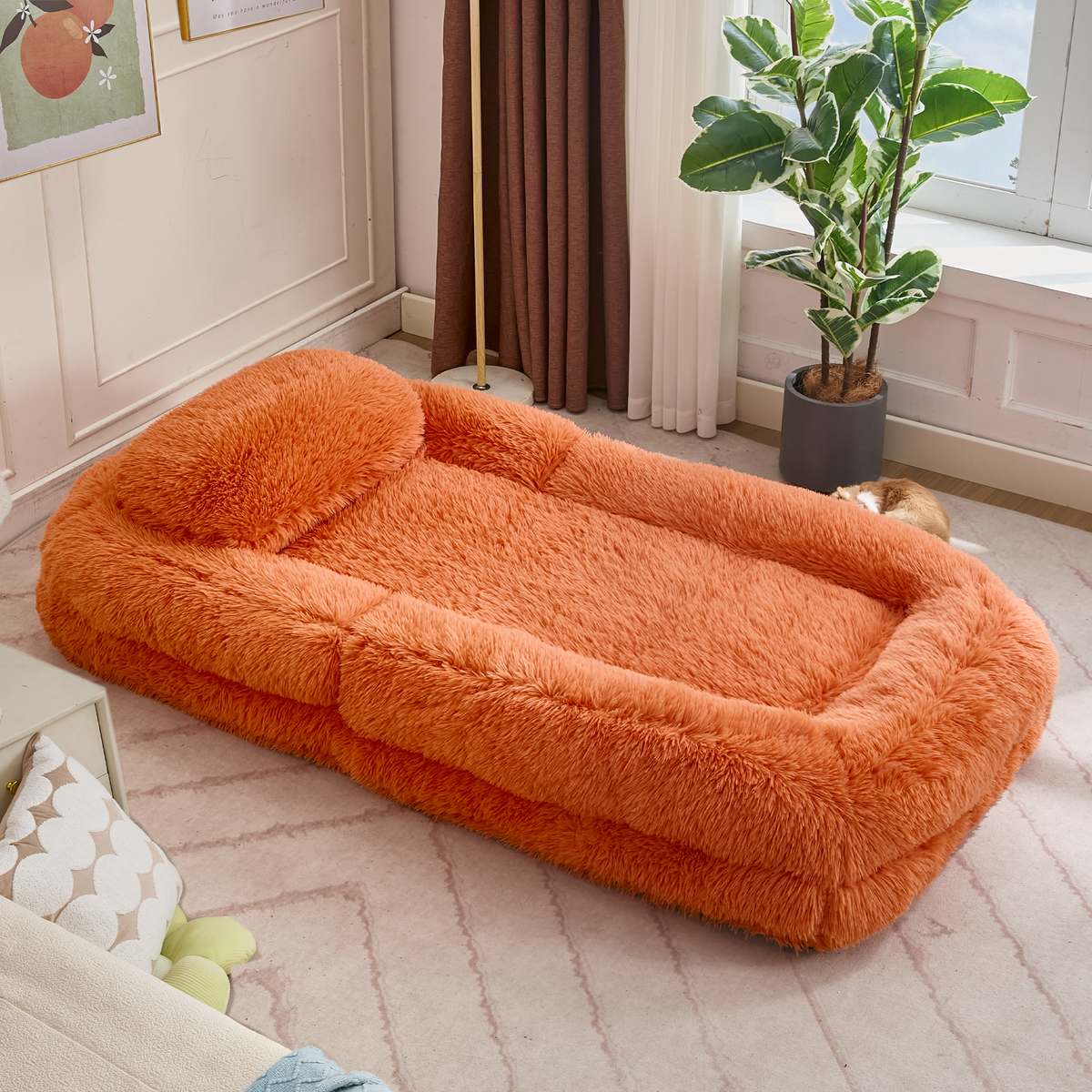 NYBOPAVIS 69" Foldable Lazy Sofa Bed with 5 Position Adjustable Convertible,Recliner Sofa for bedroom, living room,Plush Fabric,Orange