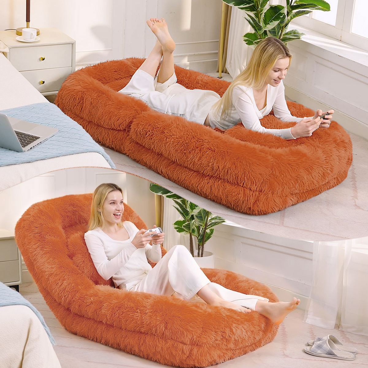 NYBOPAVIS 69" Foldable Lazy Sofa Bed with 5 Position Adjustable Convertible,Recliner Sofa for bedroom, living room,Plush Fabric,Orange