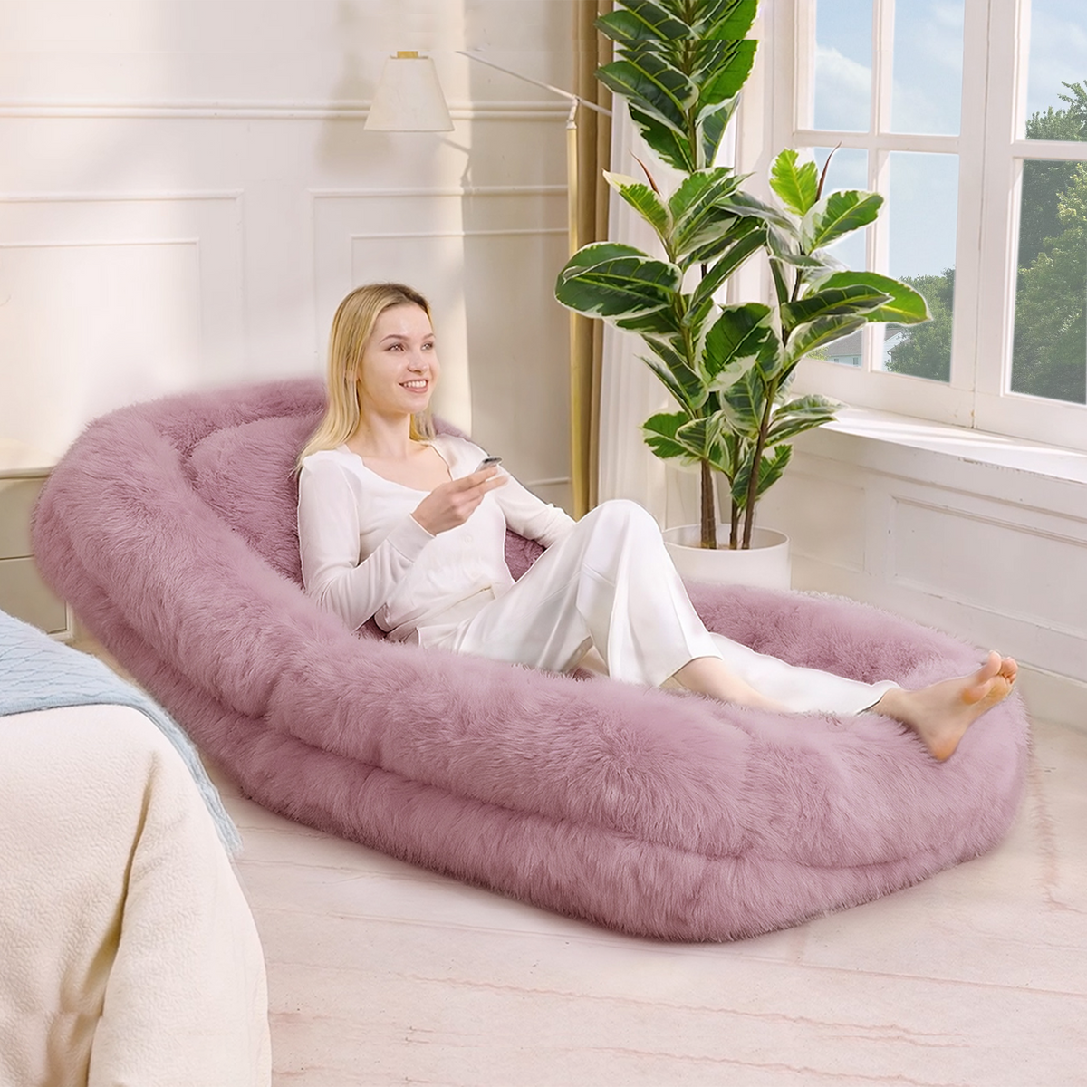 NYBOPAVIS 69" Foldable Lazy Sofa Bed with 5 Position Adjustable Convertible,Recliner Sofa for bedroom, living room,Plush Fabric,Pink
