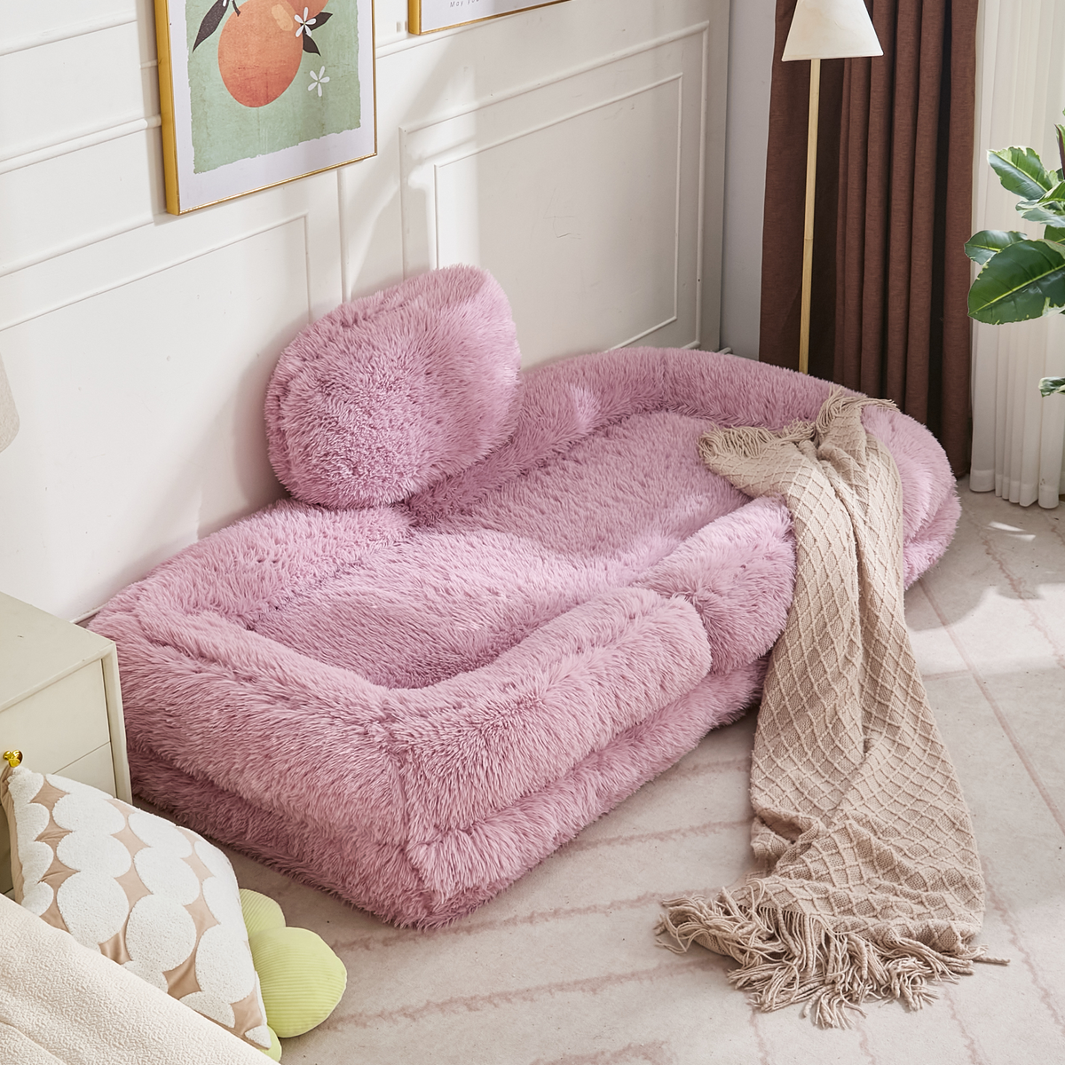 NYBOPAVIS 69" Foldable Lazy Sofa Bed with 5 Position Adjustable Convertible,Recliner Sofa for bedroom, living room,Plush Fabric,Pink