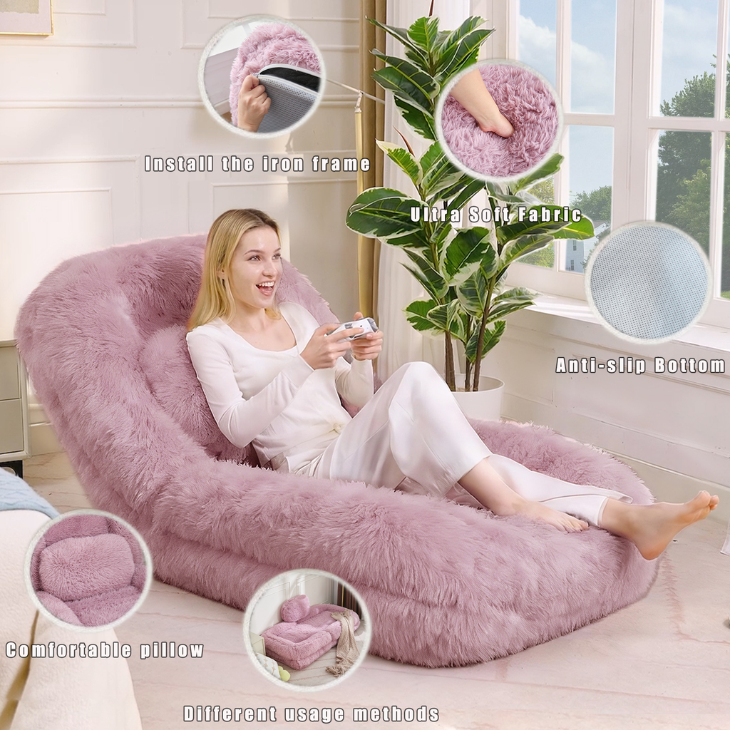 NYBOPAVIS 69" Foldable Lazy Sofa Bed with 5 Position Adjustable Convertible,Recliner Sofa for bedroom, living room,Plush Fabric,Pink