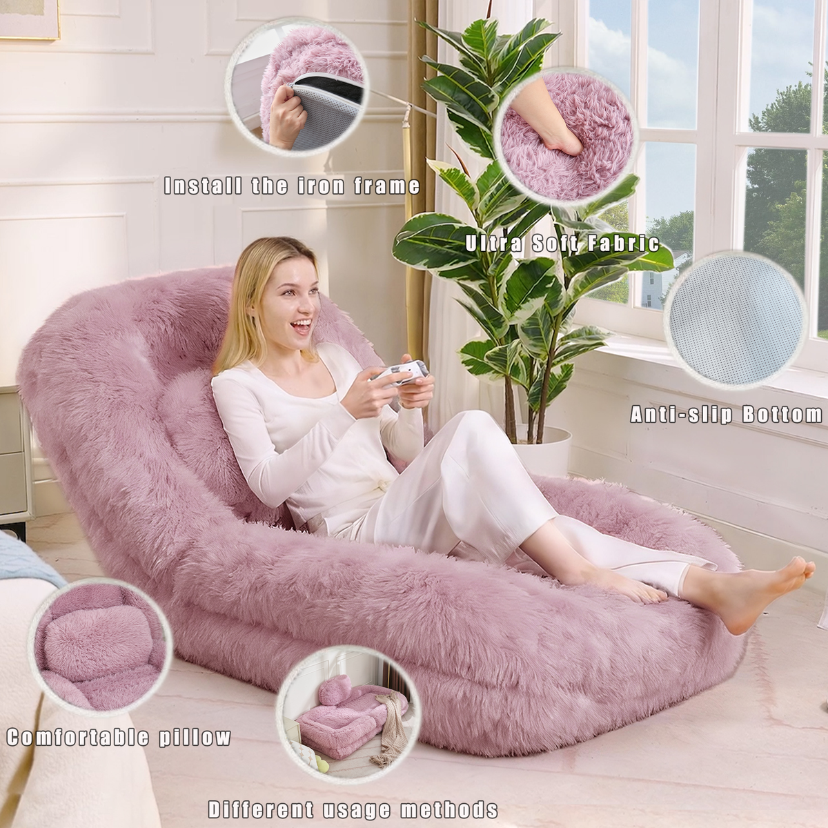 NYBOPAVIS 69" Foldable Lazy Sofa Bed with 5 Position Adjustable Convertible,Recliner Sofa for bedroom, living room,Plush Fabric,Pink