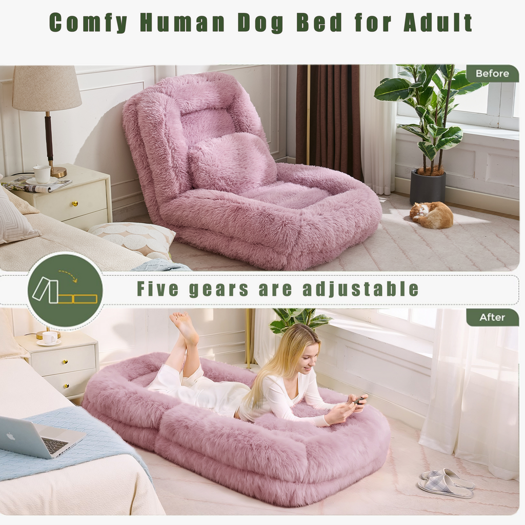 NYBOPAVIS 69" Foldable Lazy Sofa Bed with 5 Position Adjustable Convertible,Recliner Sofa for bedroom, living room,Plush Fabric,Pink