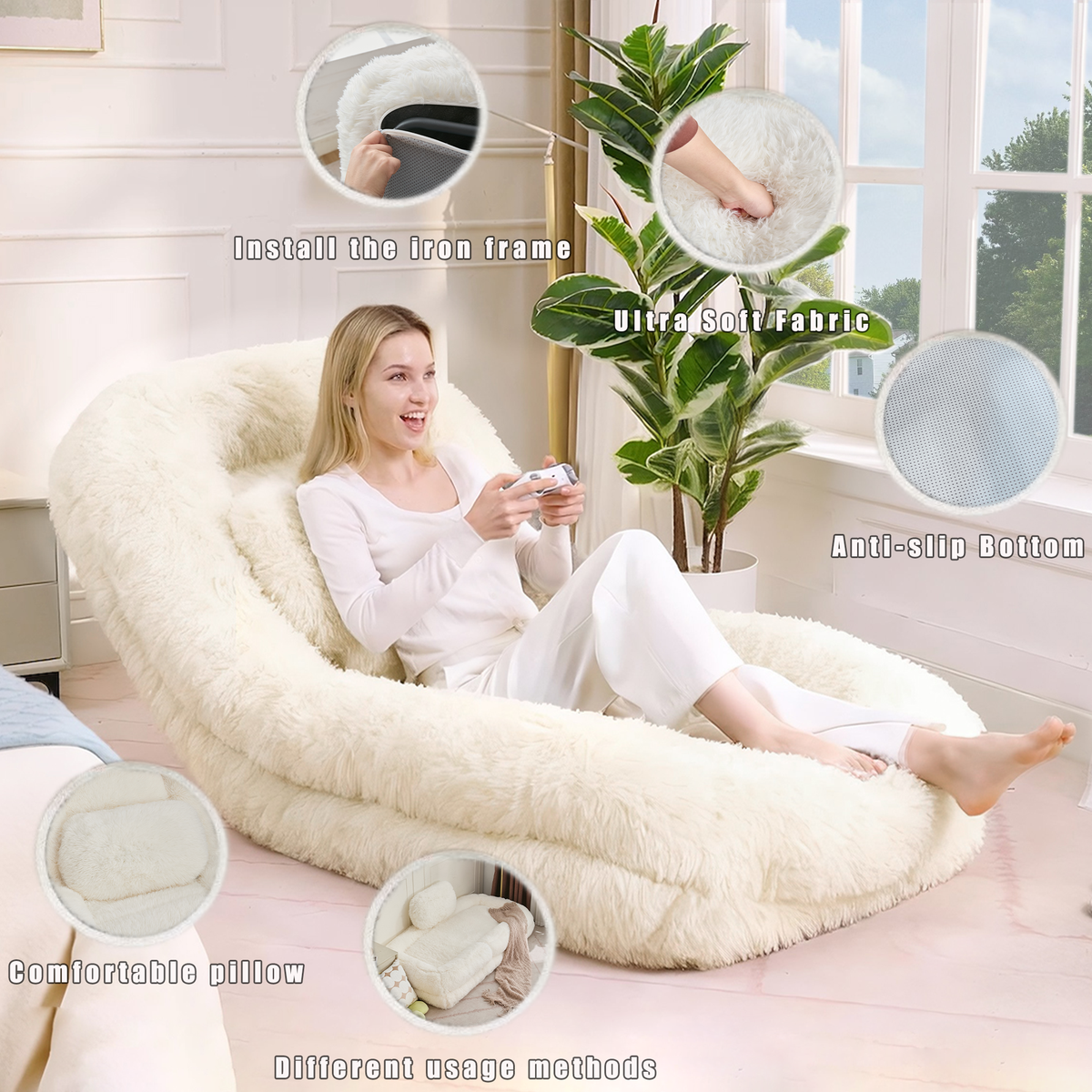 NYBOPAVIS 69" Foldable Lazy Sofa Bed with 5 Position Adjustable Convertible,Recliner Sofa for bedroom, living room,Plush Fabric,Beige