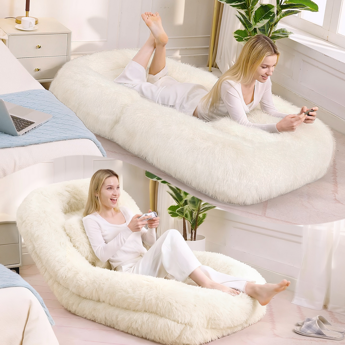 NYBOPAVIS 69" Foldable Lazy Sofa Bed with 5 Position Adjustable Convertible,Recliner Sofa for bedroom, living room,Plush Fabric,Beige
