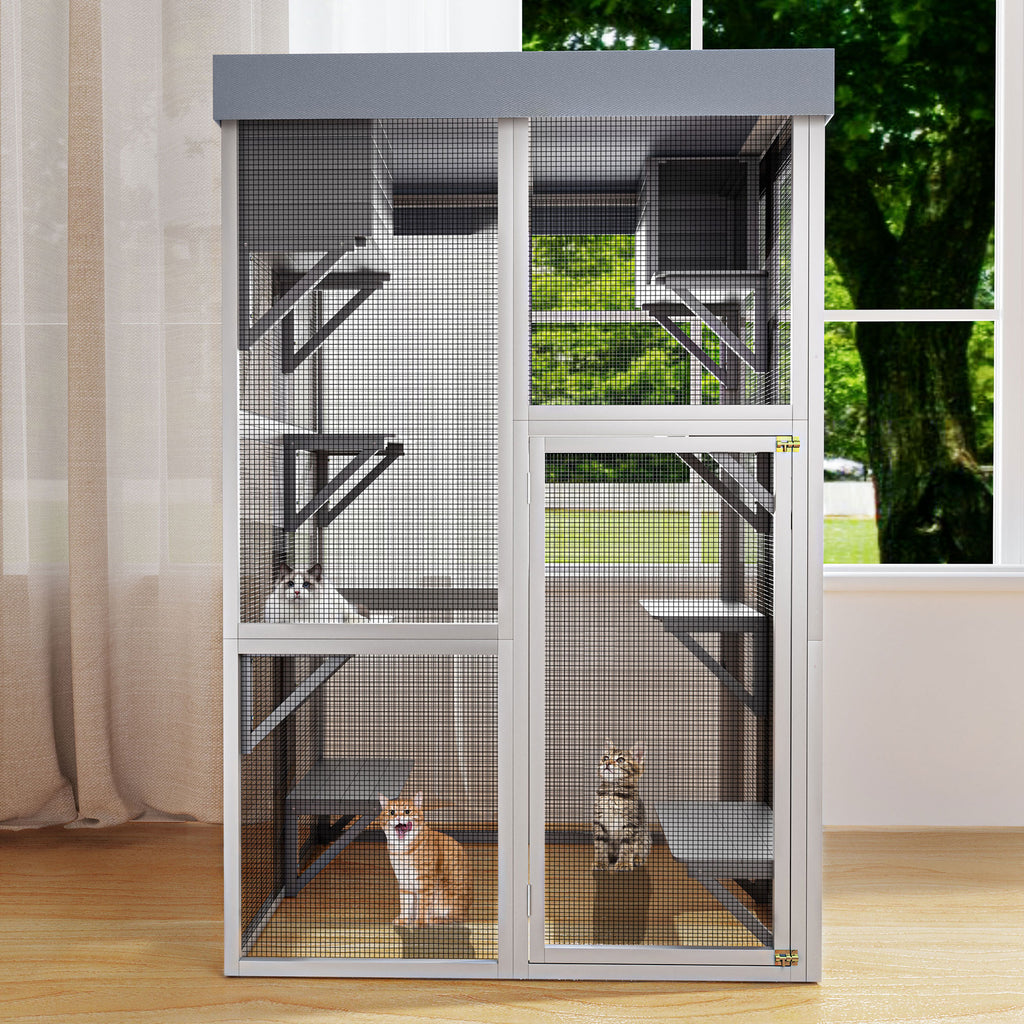 70.5＂ Tall Wooden Catio Multi-functional Cat Enclosure,6 Jumping Platforms & 2 Napping Houses, Waterproof Roof Cover,Rounded Corner,Gray
