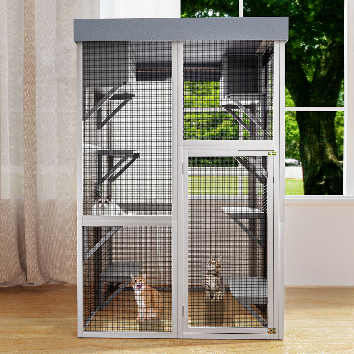 70.5＂ Tall Wooden Catio Multi-functional Cat Enclosure,6 Jumping Platforms & 2 Napping Houses, Waterproof Roof Cover,Rounded Corner,Gray