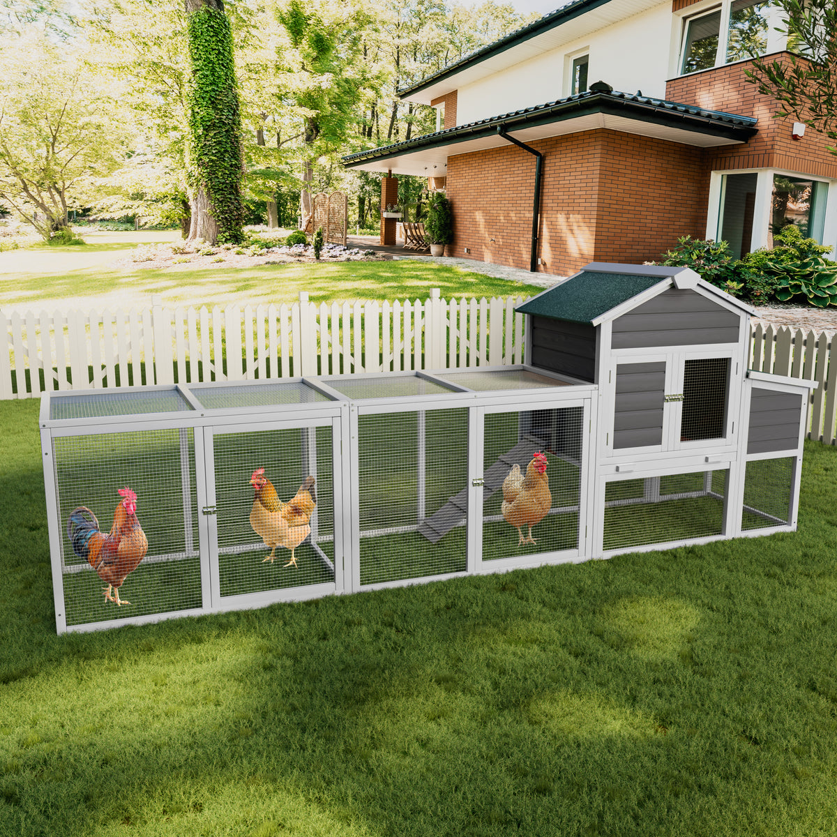 122" Large Gray Wood Chicken Coop Hen House Pet Rabbit Hutch Wooden Pet Cage Backyard with Nesting Box