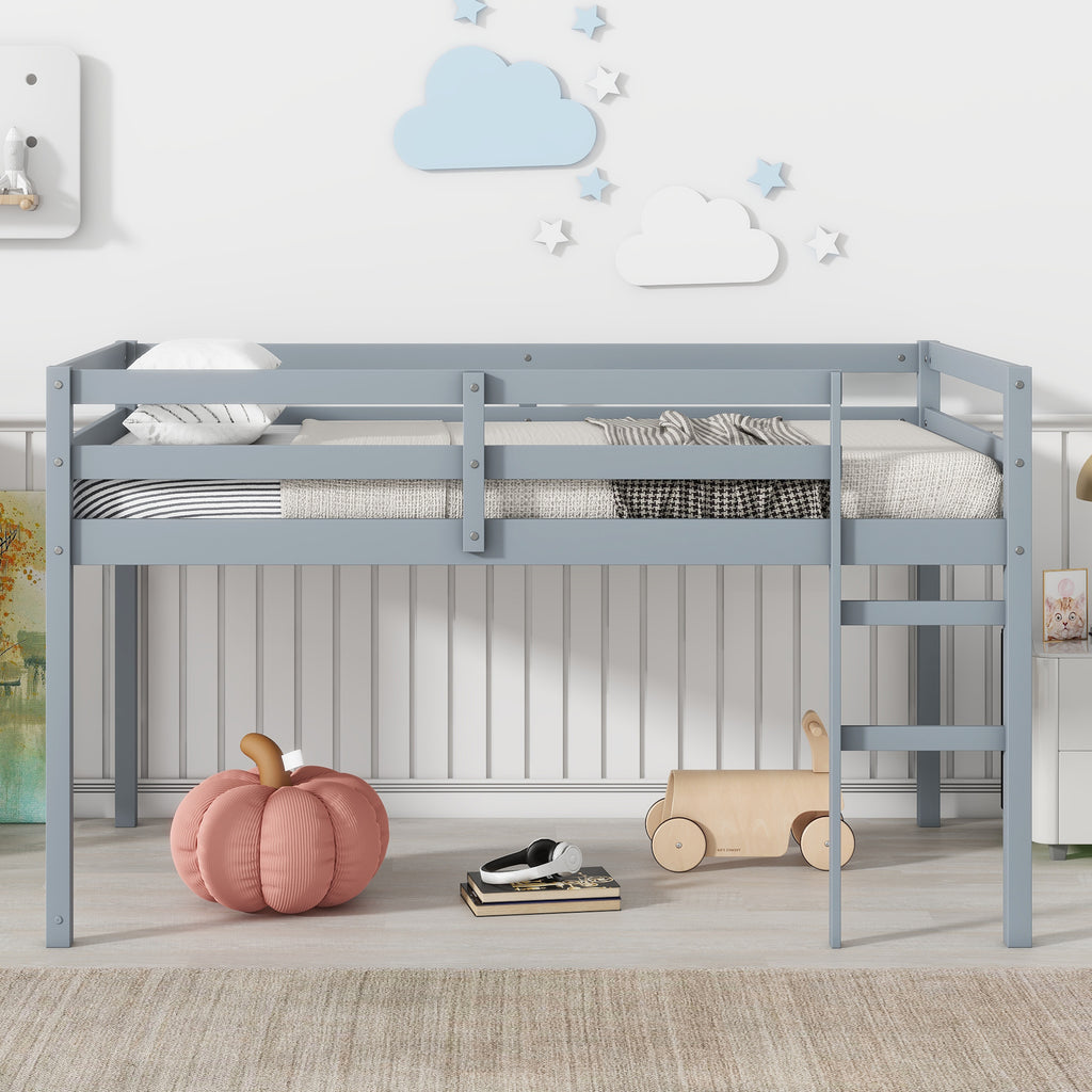Twin Low Loft Bed Frame, Solid Wood Elevated Bed with Guardrail, Space Saving Loft Bed for Bedroom, Gray