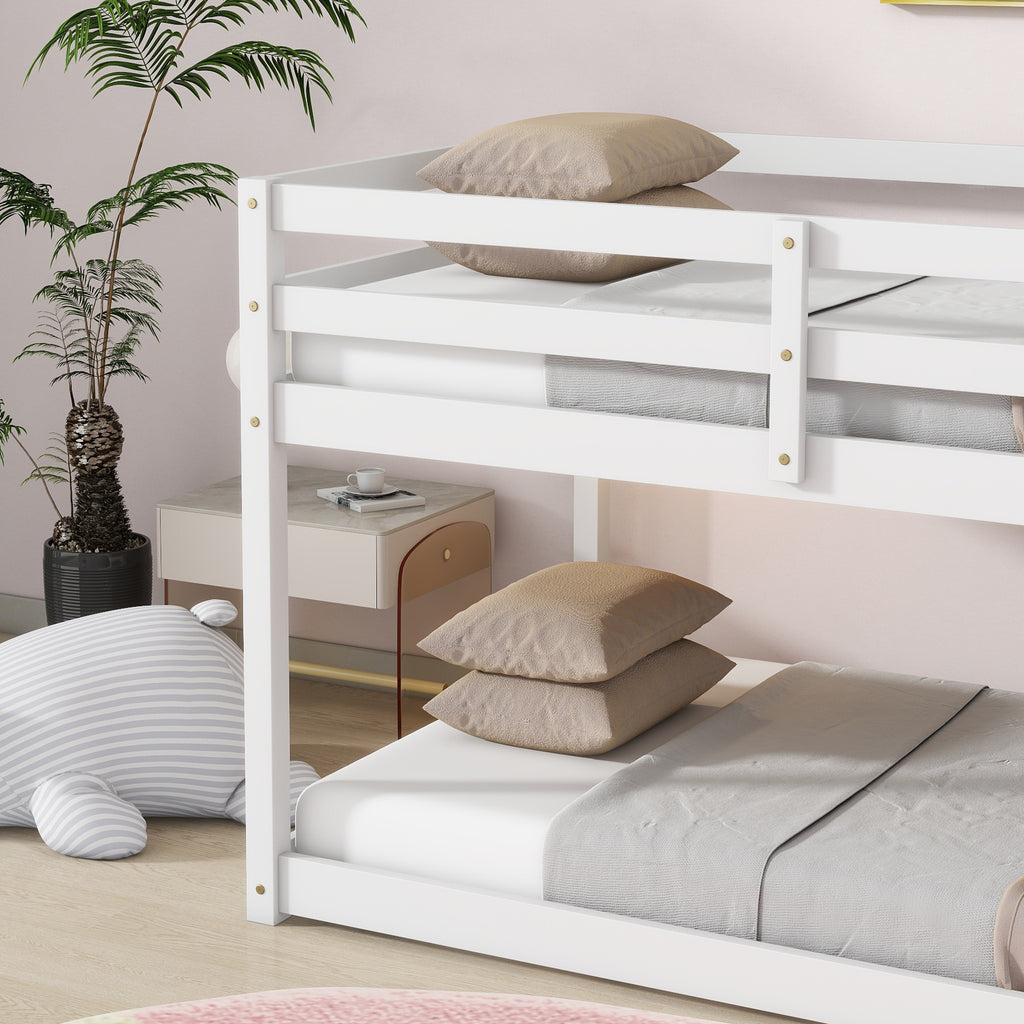 Twin Size Bunk Bed Frame, Wooden Bed Frame with Ladder, Bunk Bed with Guardrail for Bedroom, White