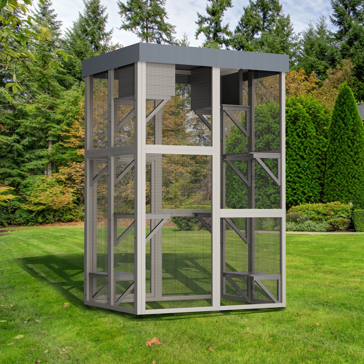 70.5＂ Tall Wooden Catio Multi-functional Cat Enclosure,6 Jumping Platforms & 2 Napping Houses, Waterproof Roof Cover,Rounded Corner,Gray