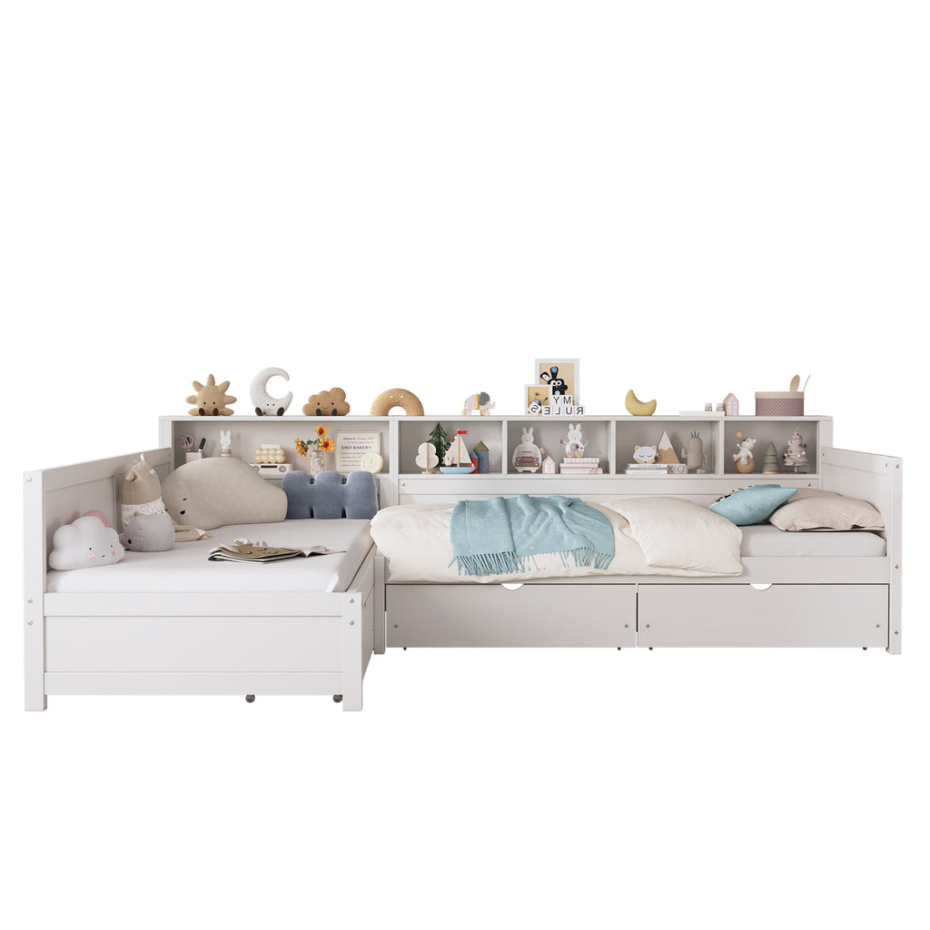 L-Shaped Twin Daybed Frame with Multiple Functional Designs, 2-Person Sleeping Space, 3 Storage Drawers & 5-Grid Bookshelf, Wooden Corner Sofa Bed for Bedroom Living Room Guest Room,White