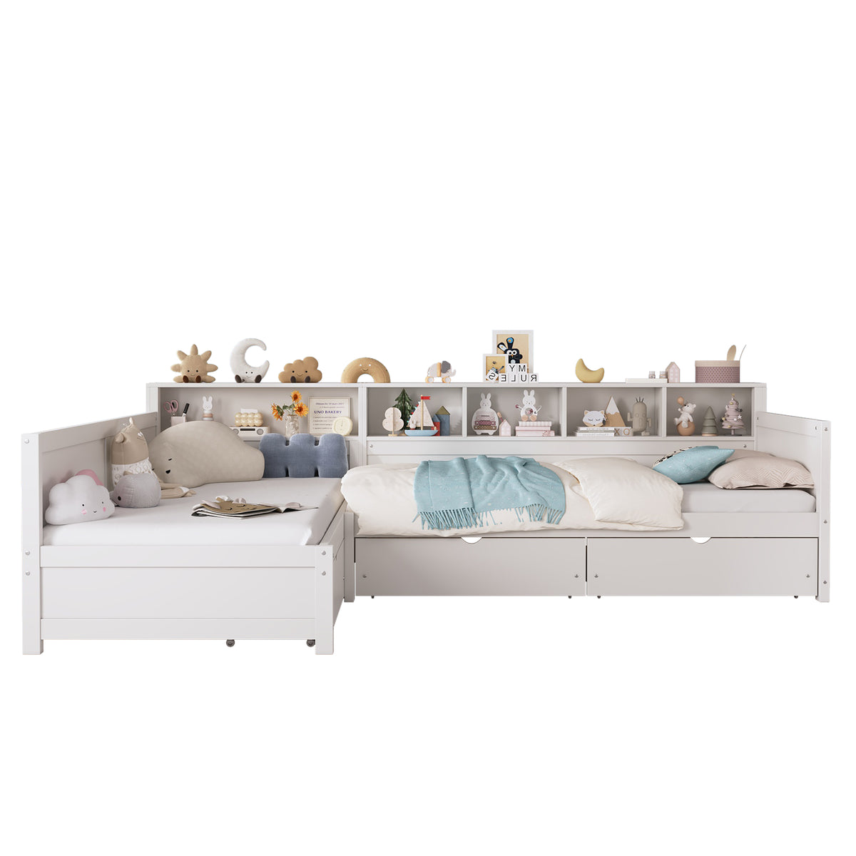 L-Shaped Twin Daybed Frame with Multiple Functional Designs, 2-Person Sleeping Space, 3 Storage Drawers & 5-Grid Bookshelf, Wooden Corner Sofa Bed for Bedroom Living Room Guest Room,White