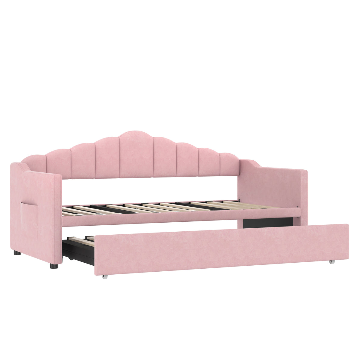 Upholstered Twin Size Daybed Bed with Charging Station & 2 Side Pockets,Velvet Daybed Frame with Adjustable Height Pop Up Trundle for Guest Room, Home Office,Pink