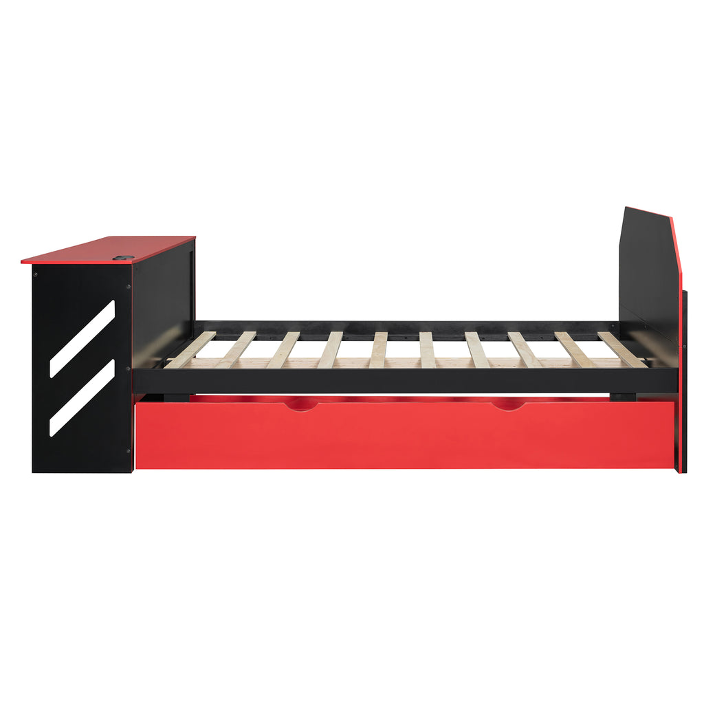 Full Size Wood Daybed with Desk & USB,Full Daybed with Twin Size Trundle for Bedroom, Red