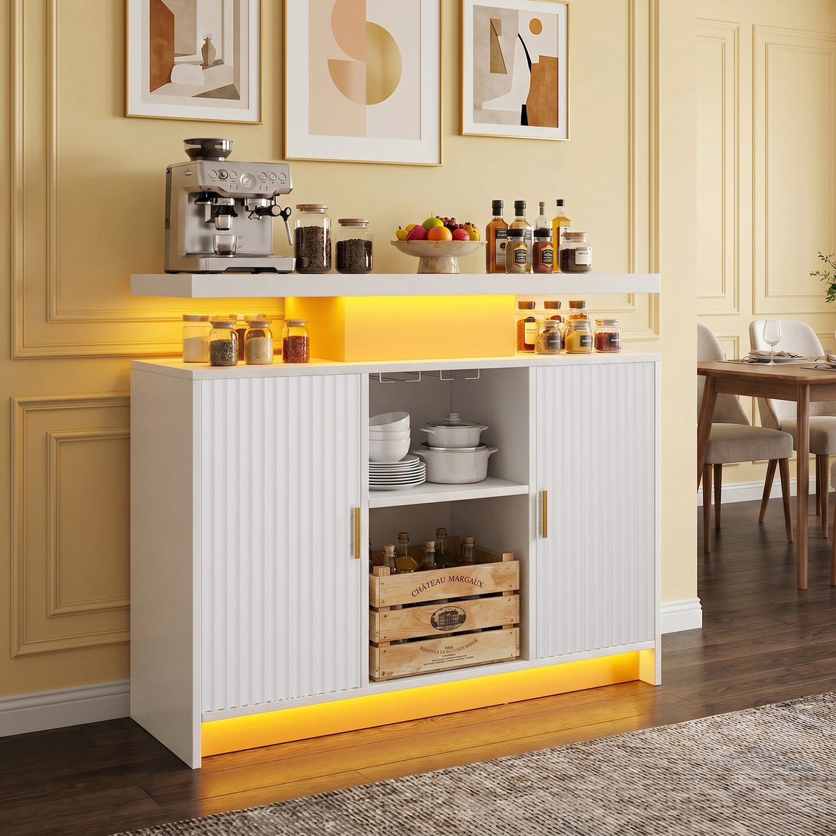 Wine Cabinet with LED & Outlets, Coffee Bar Cabinet with Storage, Removable Liquor Rack & Adjustable Shelves, Sideboard Buffet Cabinet for Home, White