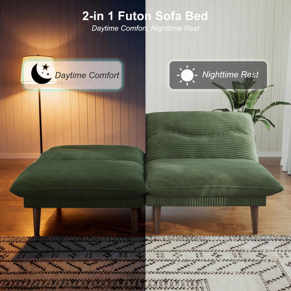 NYBOPAVIS 75" Futon, Twin Size Convertible Sleeper Sofa Bed, Corduroy Loveseat Sofa Couch for Apartment Small Space Green