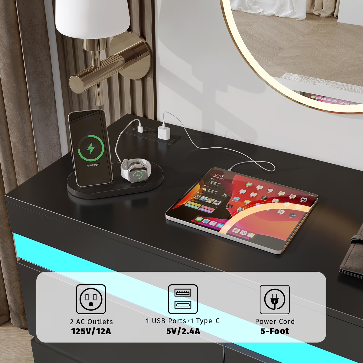 NYBOPAVIS 6 Drawer Dresser for Bedroom, 39" Wide Black Wooden Dresser for Clothes, Modern Chest of Drawers with Flip Top Storage, LED Lights & Charging Station for Closet, Living Room, Entryway