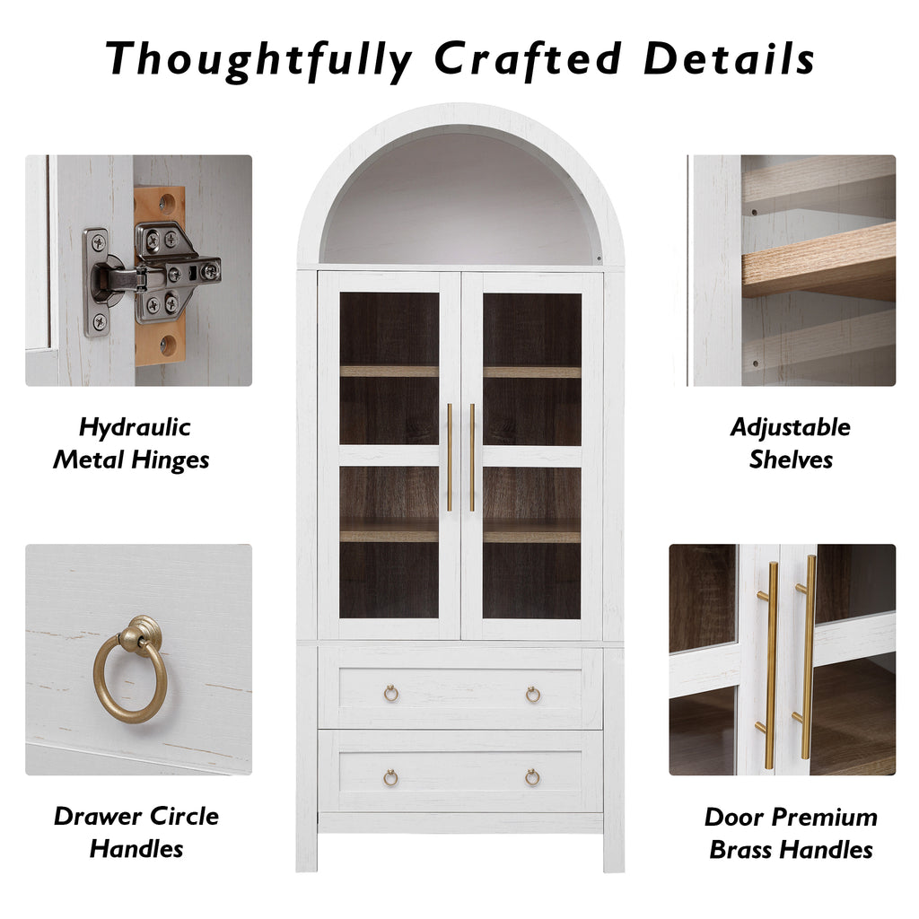 NYBOPAVIS Arched Kitchen Pantry Storage Cabinet, Wood Pantry Cabinet with Adjustable Shelves, Freestanding Pantry Cabinet for Dining Room Living Room, White