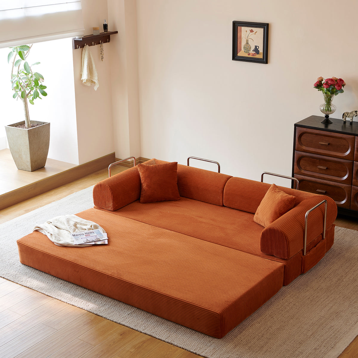 Compressed Convertible Floor Sofa Bed, Boneless Modular Sectional Futon Couch with Pillow Back & Armrest, Corduroy Fabric Loveseat for Living Room Bedroom, Tangerine