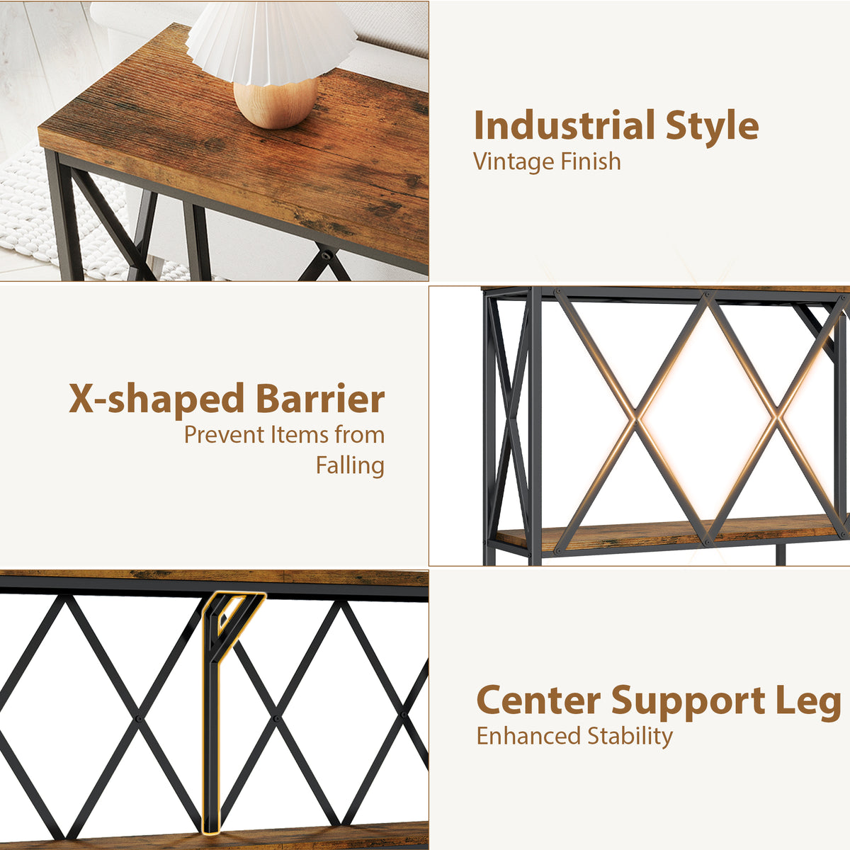 69" Modern Narrow Console Table, 2-Shelves Industrial Sofa Table, Entryway accent table with Storage, Rustic Brown, Rectangle
