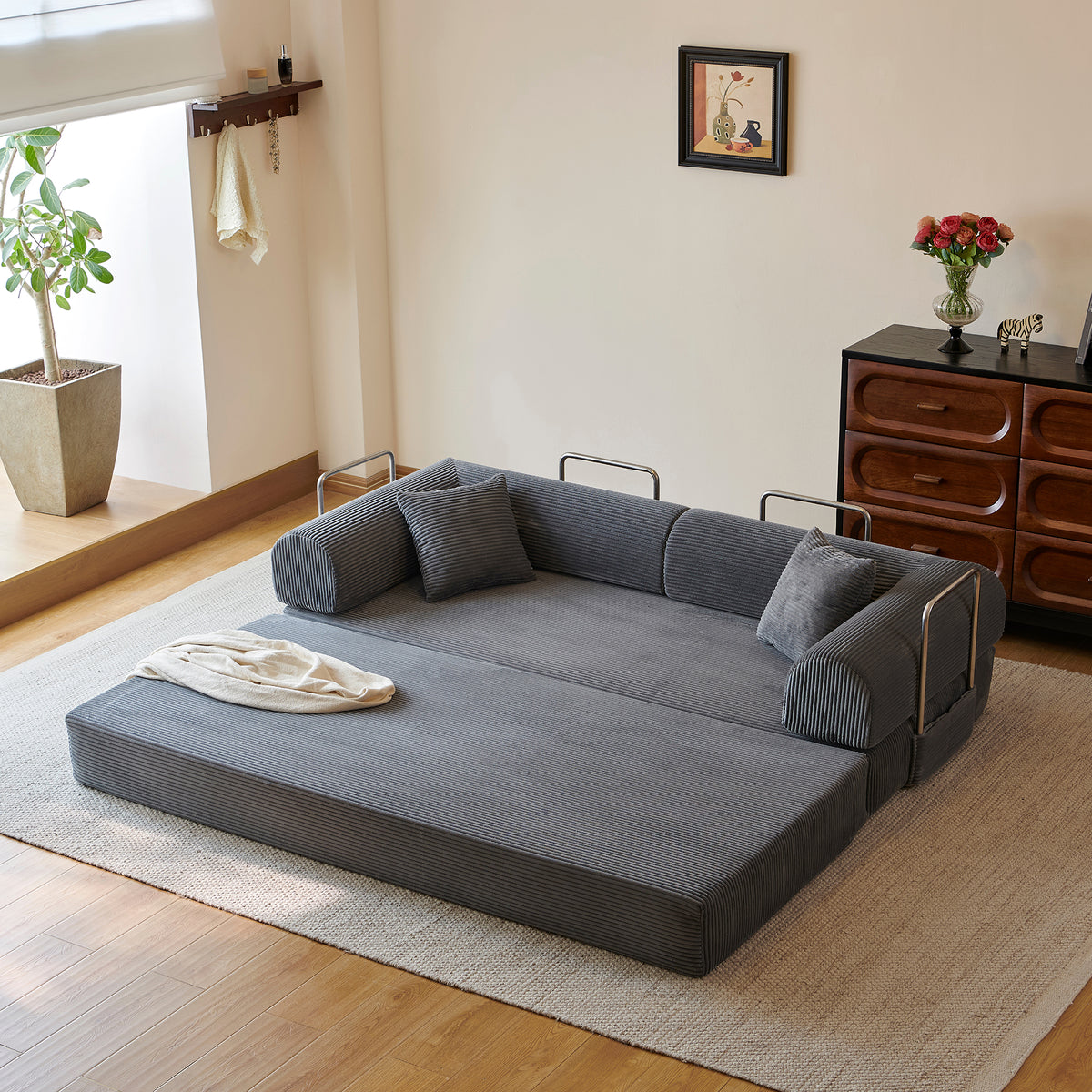 Compressed Convertible Floor Sofa Bed, Boneless Modular Sectional Futon Couch with Pillow Back & Armrest, Corduroy Fabric Loveseat for Living Room Bedroom, Grey