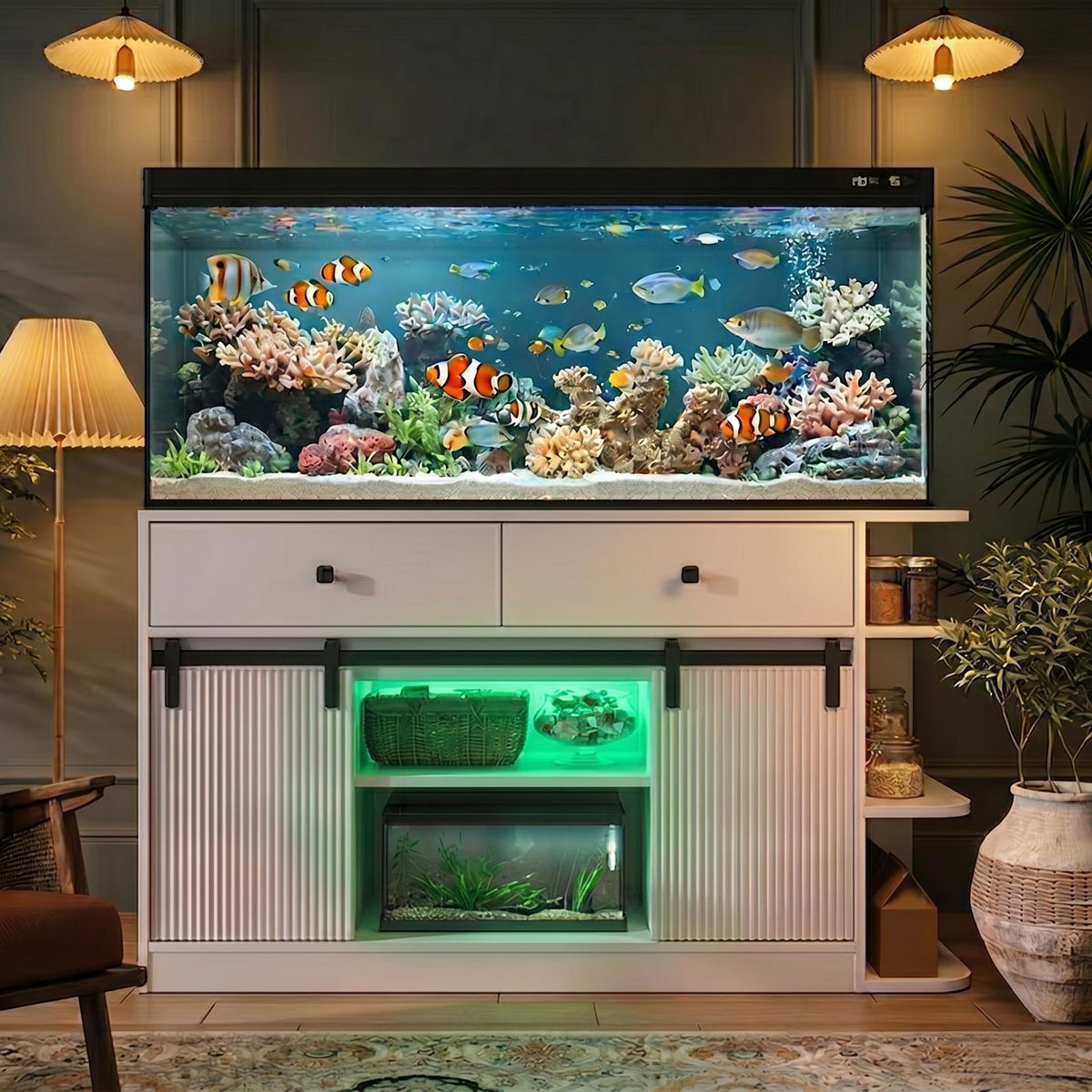 75 Gallon Aquarium Stand with LED Lights & Power Outlets, Fluted Sliding Doors, Storage Cabinets & Shelves for Aquarium Accessories