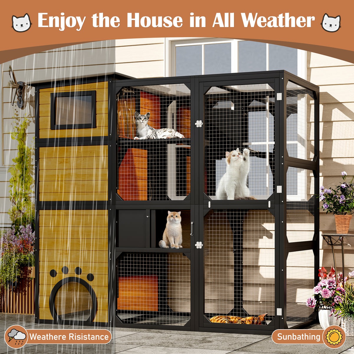 77'' Large Catio Outdoor Cat Enclosure, 4-tier Cat House Outdoor with Asphalt Roof, Wooden, Pine