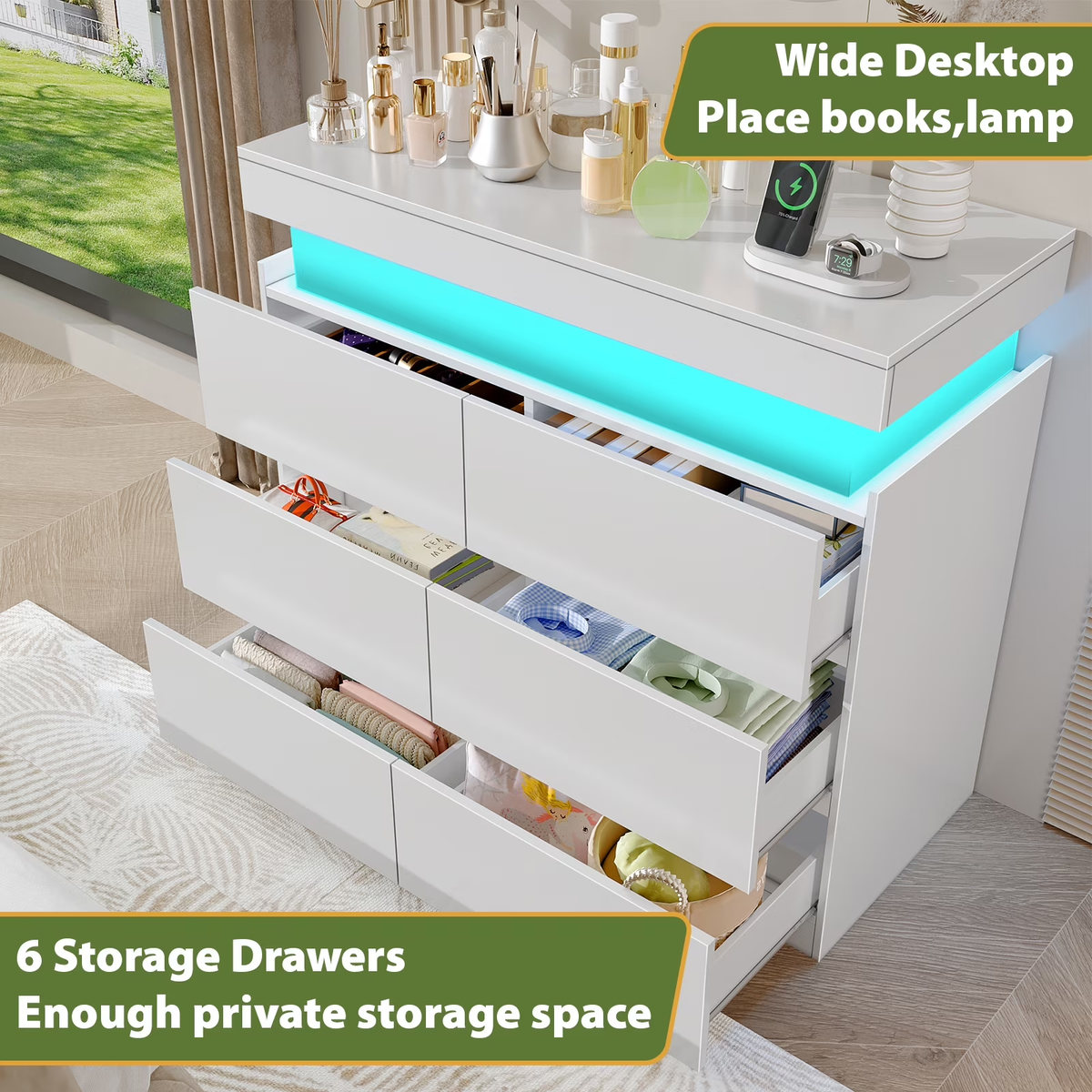 NYBOPAVIS 6 Drawer Dresser with Led Lights, 39" Wide White Wooden Dresser for Bedroom, Modern Chest of Drawers with Power Outlet & Flip Top Storage for Closet, Living Room, Entryway, Hallway