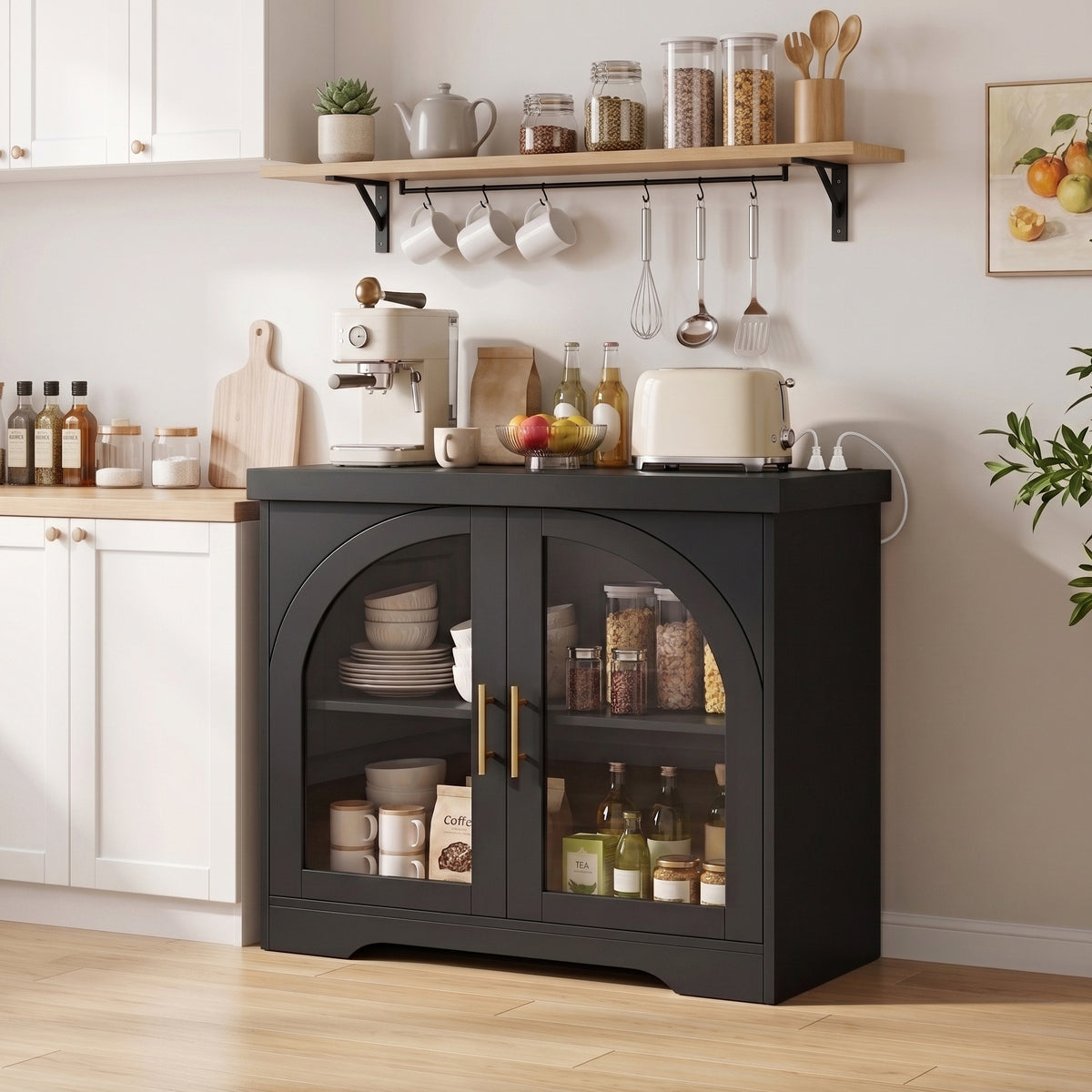 Buffet Cabinet with Power Outlet & LED Lights, Kitchen Side Storage Organizer with Adjustable Shelves for Living Room, Kitchen,Entryway,Black