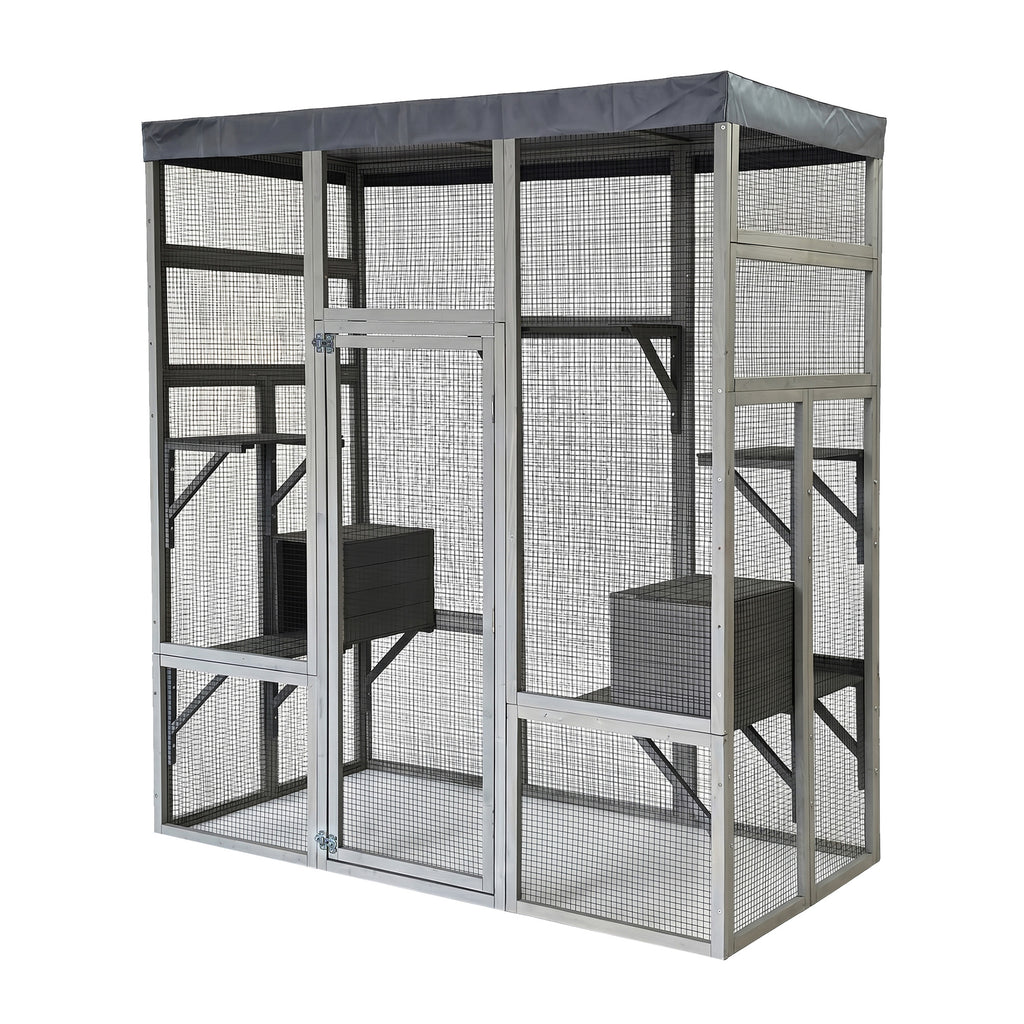 Wooden Catio Outdoor Cat Enclosure Large Cat House for Mulitiple Cats Walk ,2 Napping Boxes & Small Animal Cage, Outdoor Cat Catio with Waterproof Cover,Ramp
