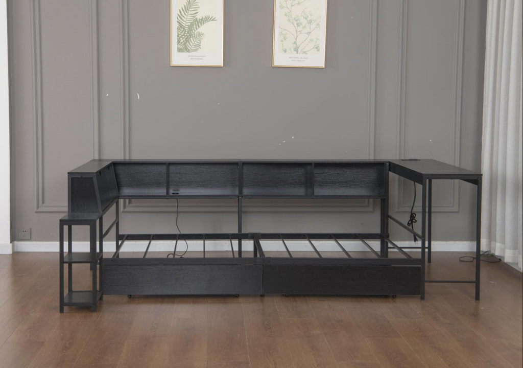 Twin Size Corner Bed Frame with Bookcase & 2 Underbed Storage Drawers, Modern Bed with LED Light and Charging Station, Left and Right Interchangeable, Black