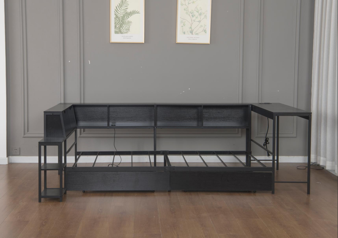 Twin Size Corner Bed Frame with Bookcase & 2 Underbed Storage Drawers, Modern Bed with LED Light and Charging Station, Left and Right Interchangeable, Black