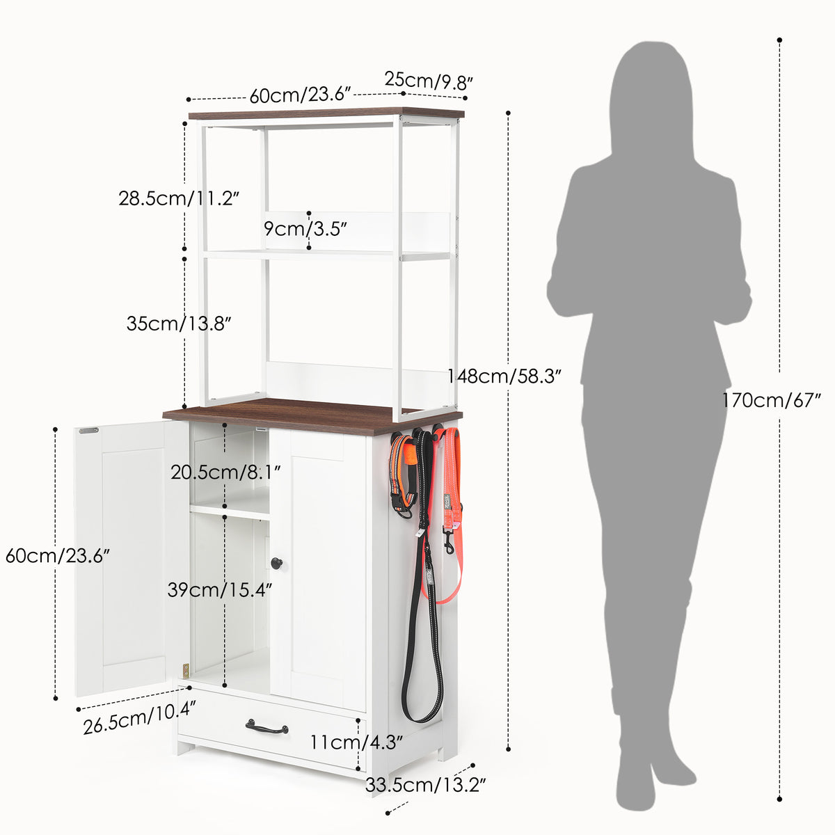 White Pet Feeding Station with Storage Cabinet, 2 Feeding Bowls and Adjustable Baffle Panel for Dog Cat