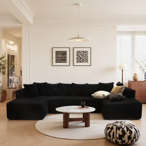 U-Shaped Sectional Sofa, Oversized 130" Corduroy Couch, Lounge Sleeper with Double Chaise and 8 Pillows for Living Room, No Assembly Black