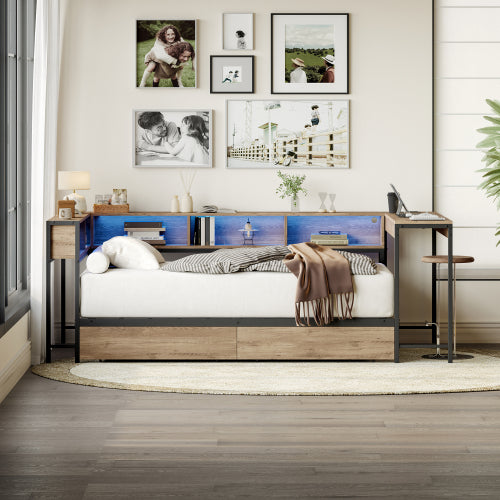 Queen Size Corner Bed Frame with LED Light & Charging Station,Bookcase, Modern Bed with Bookcase & 2 Underbed Storage Drawers, Left and Right Interchangeable, Grey
