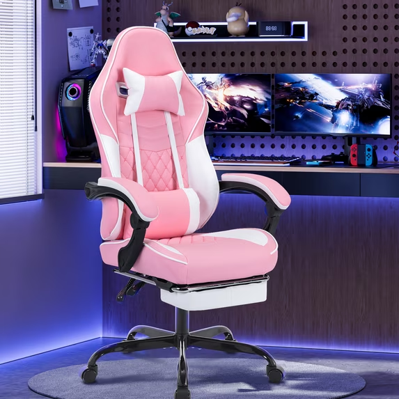 Gaming Chair with Footrest & Headrest, Leather Ergonomic Office Computer Chair with Footrest and Lumbar Support, Pink