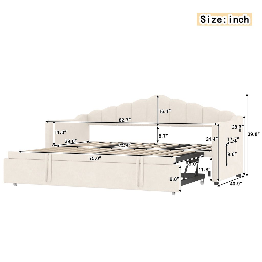 Upholstered Twin Size Daybed Bed with Charging Station & 2 Side Pockets,Velvet Daybed Frame with Adjustable Height Pop Up Trundle for Guest Room, Home Office,Beige
