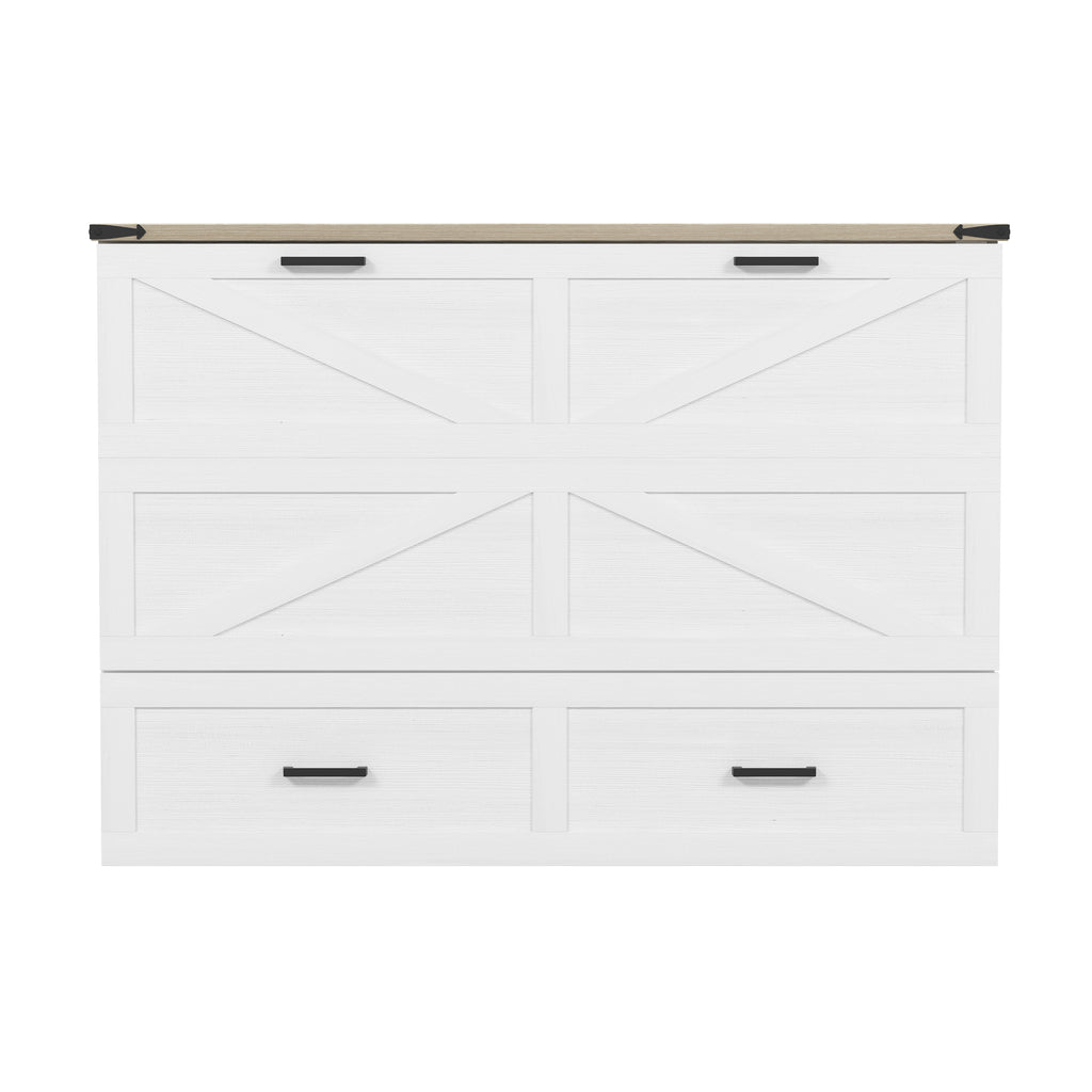 Queen Size Farmhouse Murphy Cabinet Bed with Charging Station, Foldable Platform Bed with Large Storage Drawer for Guest-Room, Small Bedroom, White
