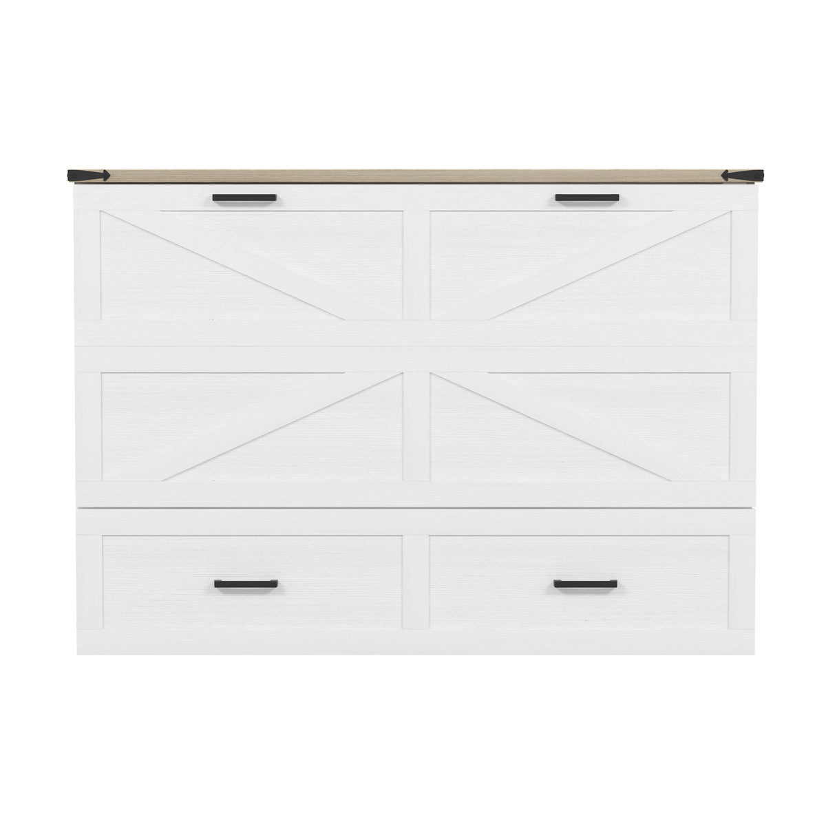 Queen Size Farmhouse Murphy Cabinet Bed with Charging Station, Foldable Platform Bed with Large Storage Drawer for Guest-Room, Small Bedroom, White