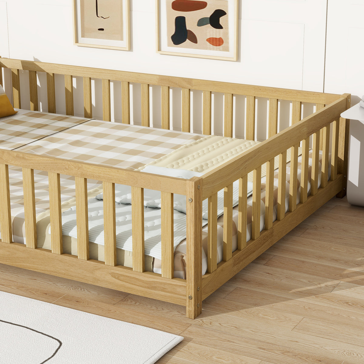 NYBOPAVIS Full Size Floor Bed with Fence&Door,Rubber Wood Floor Bed with Safety Guardrails, Montessori Bed Boys, Girls,Natural