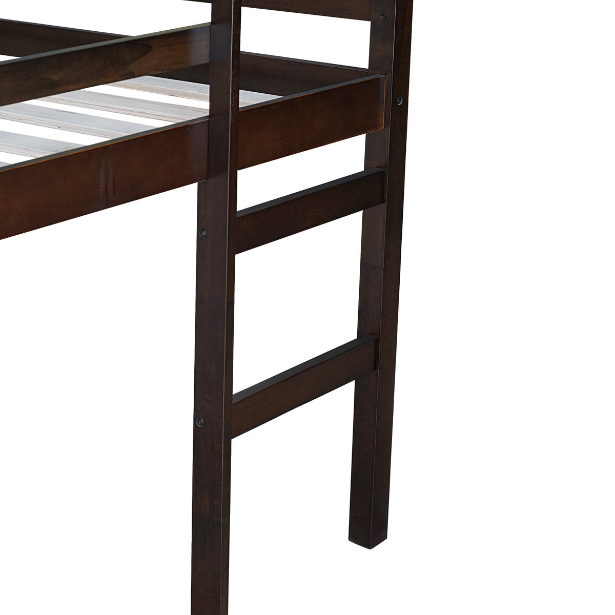 Full Low Loft Bed Frame, Solid Wood Elevated Bed with Guardrail, Space Saving Loft Bed for Bedroom, Espresso