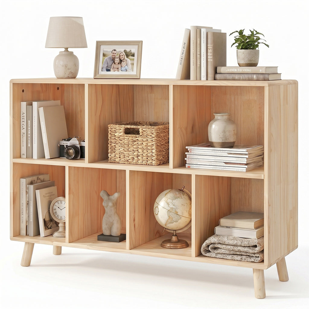 Bookshelf with 7 Cube,Pine Modern Wooden Bookcase with Storage Organizer for Home, Office, Natural