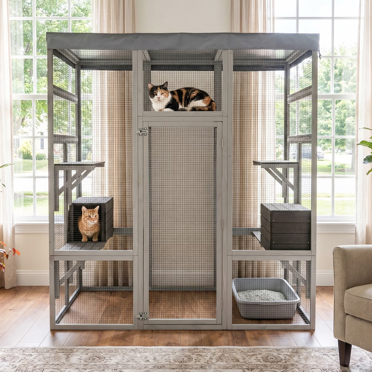 Outdoor Wooden Catio Multi-functional Cat Enclosure with 2 Resting Houses, Ramp & Waterproof Cover