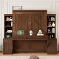 Queen Size Murphy Bed with Desk & Storage, Space-Saving Wood Wall Bed with Cabinets & Drawers, Dark Brown