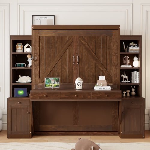 Queen Size Murphy Bed with Desk & Storage, Space-Saving Wood Wall Bed with Cabinets & Drawers, Dark Brown