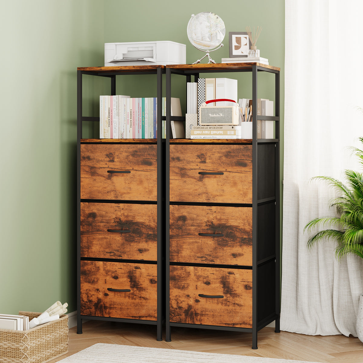 File Storage Cabinet with Adjusted Size 3 Drawers, 4 Wheels Vertical Wood File Cabinet for Hanging A4/F4/Letter/Legal Rustic Brown