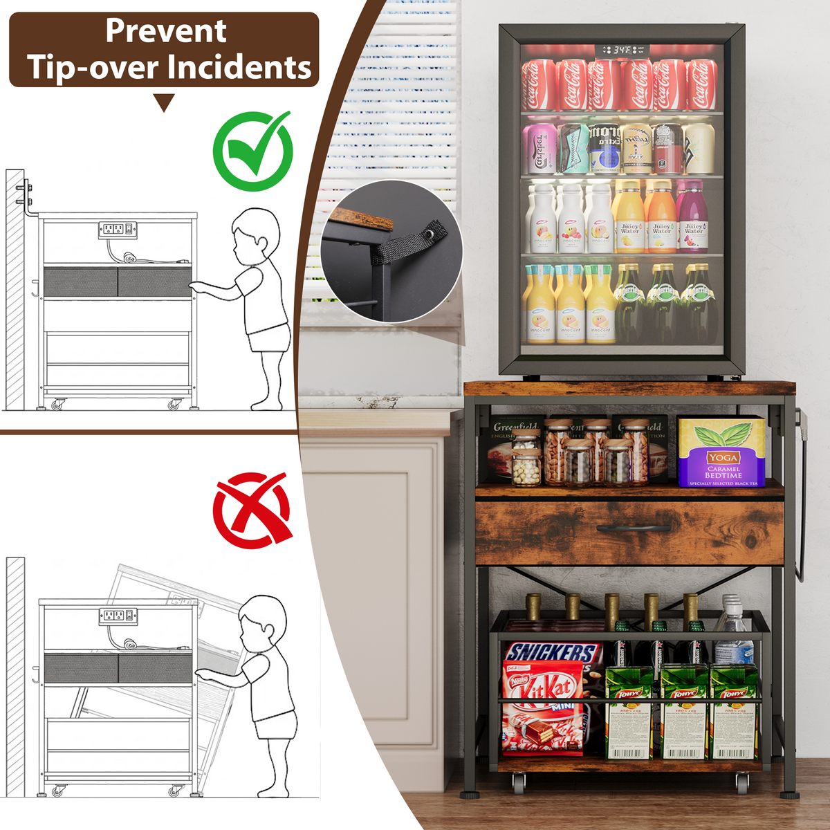 Mini Fridge Stand with Drawer Storage and Power Outlet, Heavy Duty Mobile Mini Fridge Shelf with Wheels, Beverage Refrigerator Table Stand,Brown