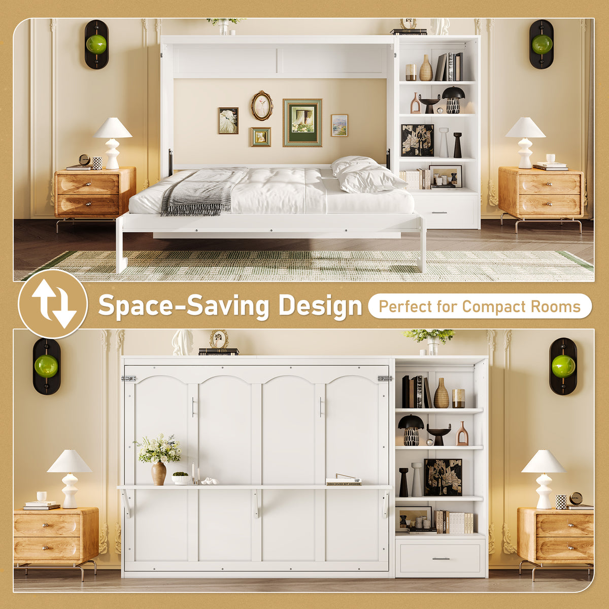 Queen Size Murphy Bed with Height Adjustable Storage Shelf & 1 Drawer, Wall Bed Multifunctional Foldable Platform Bed for Bedroom,Guest Room, White